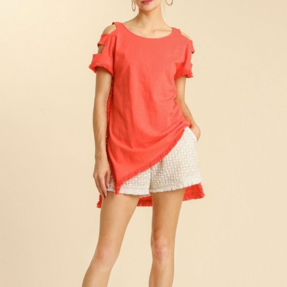 Umgee Textured Trim Detail Short Sleeve Top